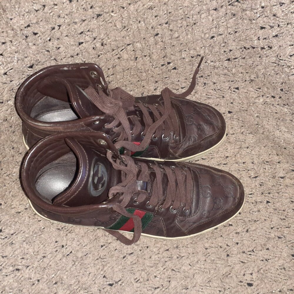 GUCCI-GG High Top 'Guccisima'-Brown Leather Hi-Top Sneakers-Sz 8.5-Excellent - Picture 9 of 11